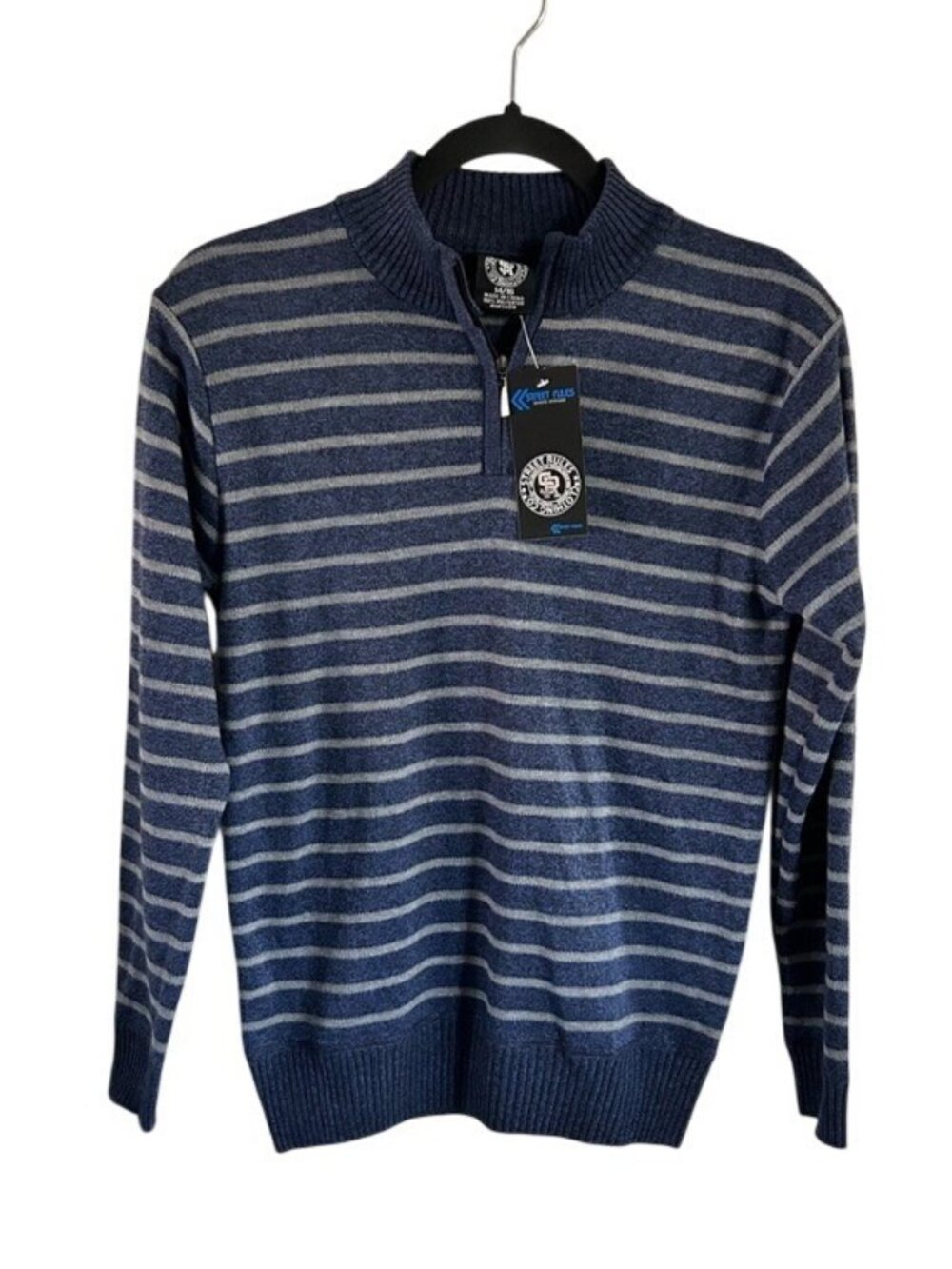 Street Rules Boys 14/16 Striped Navy Gray Quarter-Zip Pullover Sweater Preppy